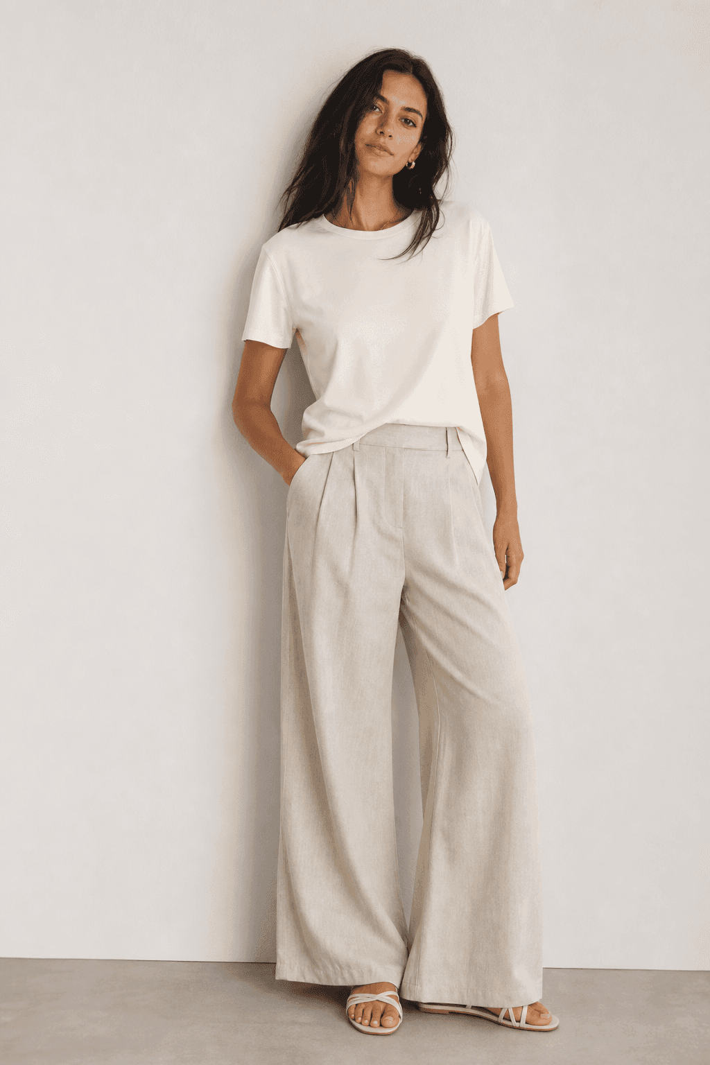 Model wearing a white T-shirt and wide-leg trousers