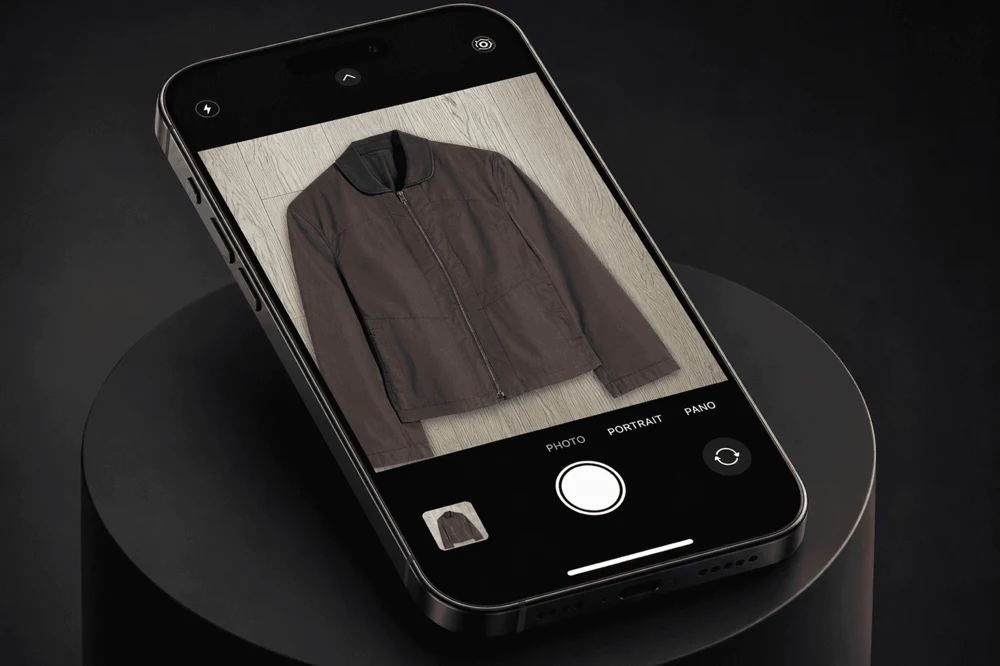 Phone photographing a brown jacket